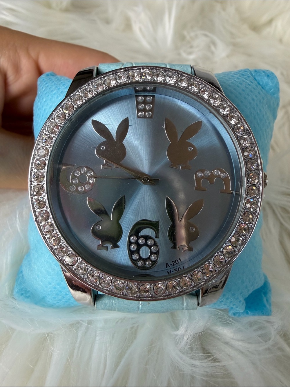 NWOT Y2K Playboy Bunny Light Blue Rhinestone Bling Watch
